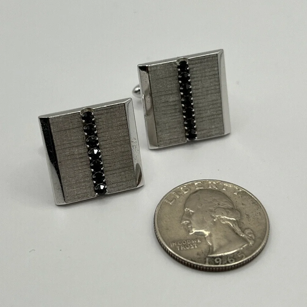 Vintage Swank‎ Cuff Links Square Silver Tone Black Stone